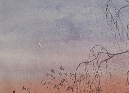 Delicate white bird flying over watercolor Evening has come to the city by Valery Savenets
