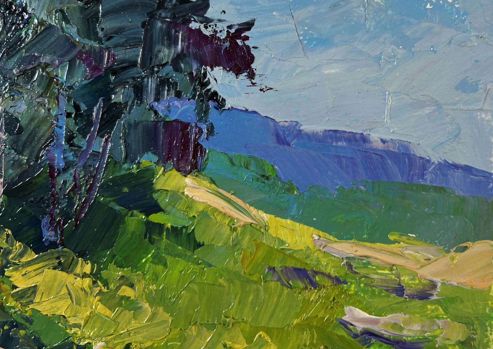 Vibrant impressionist oil painting of stone road to mountains by Boris Serdyuk