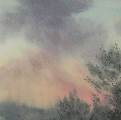 Watercolor painting Before the Rain by Valery Savenets: soft sky with gray peach pink hues above silhouetted trees