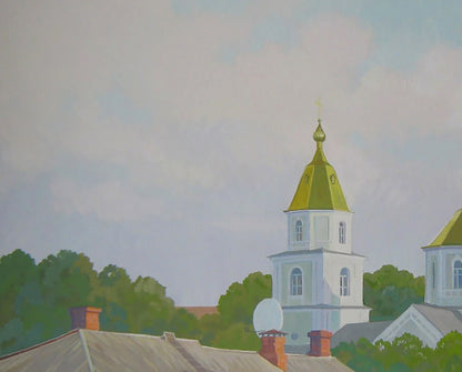 White church tower with golden onion dome by Valery Savenets acrylic painting