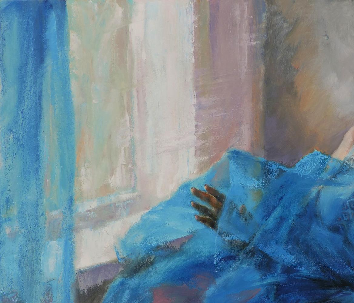 Impressionistic oil painting of girl in blue dress by Oksana Osnach