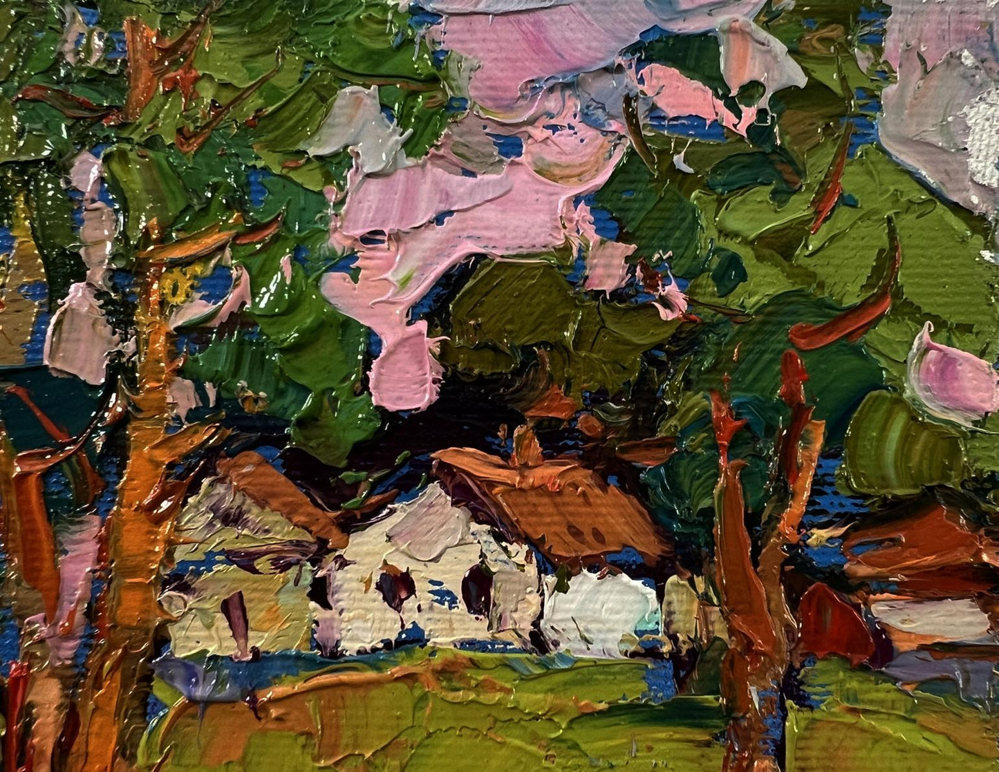 Oil painting On the edge of the village by Oksana Ivanyuk, rustic cottage in green trees