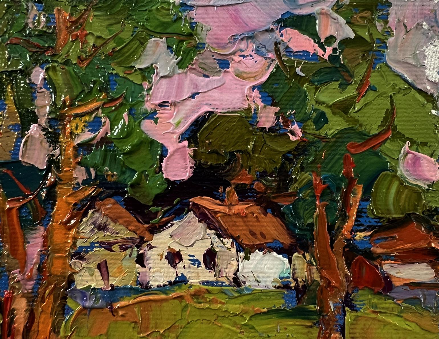 Oil painting On the edge of the village by Oksana Ivanyuk, rustic cottage in green trees