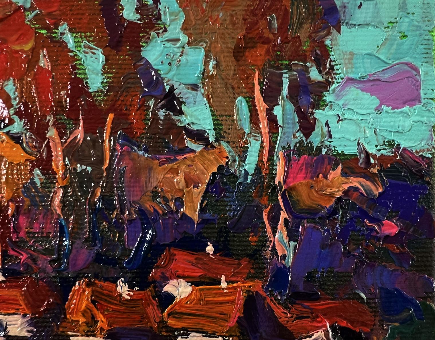 Vibrant Evening Village oil painting by Oksana Ivanyuk with bold textured strokes