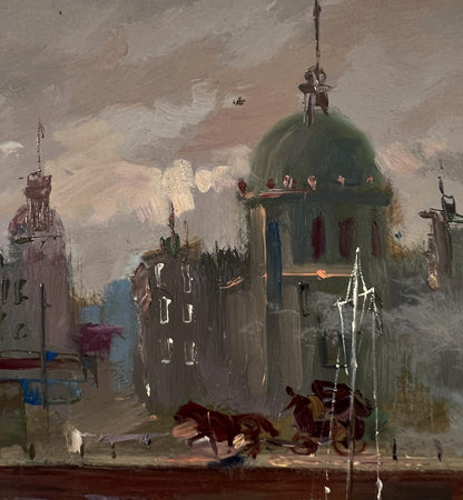 Oil painting Busy city streets by Yuriy Suprunchuk with green dome