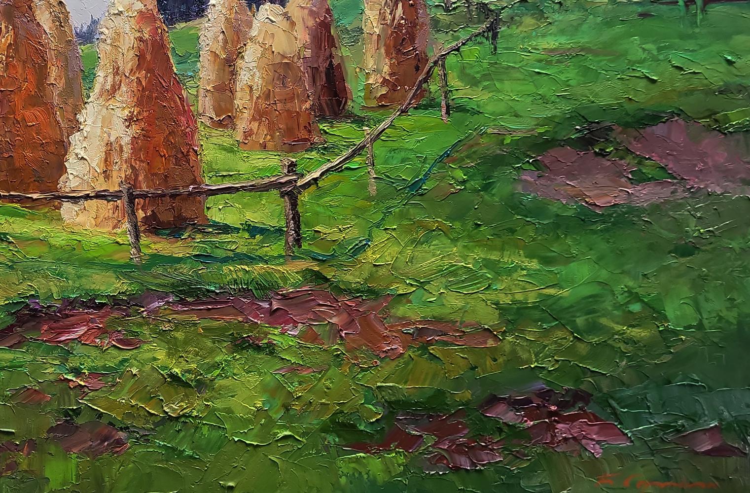 Oil painting Haystacks in the mountains by Boris Serdyuk with stone pillars