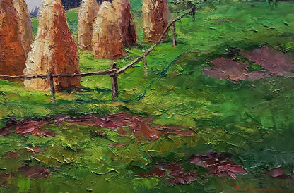 Oil painting Haystacks in the mountains by Boris Serdyuk with stone pillars