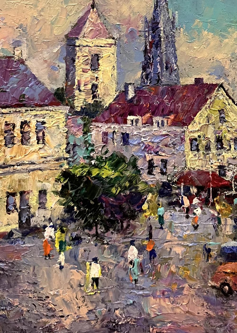 Vibrant impressionist oil painting of busy European town square by Serhiy Rybak