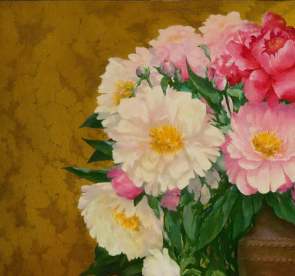 Oil painting of pink white peonies by Vasily Korkishko on red tablecloth