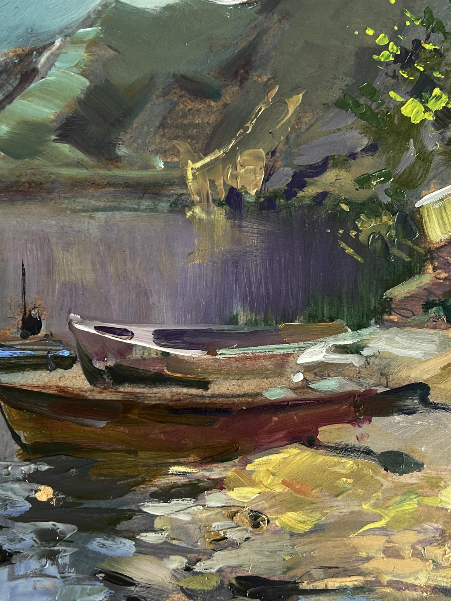 Oil painting of rustic wooden rowboat on calm seashore by Yuriy Suprunchuk