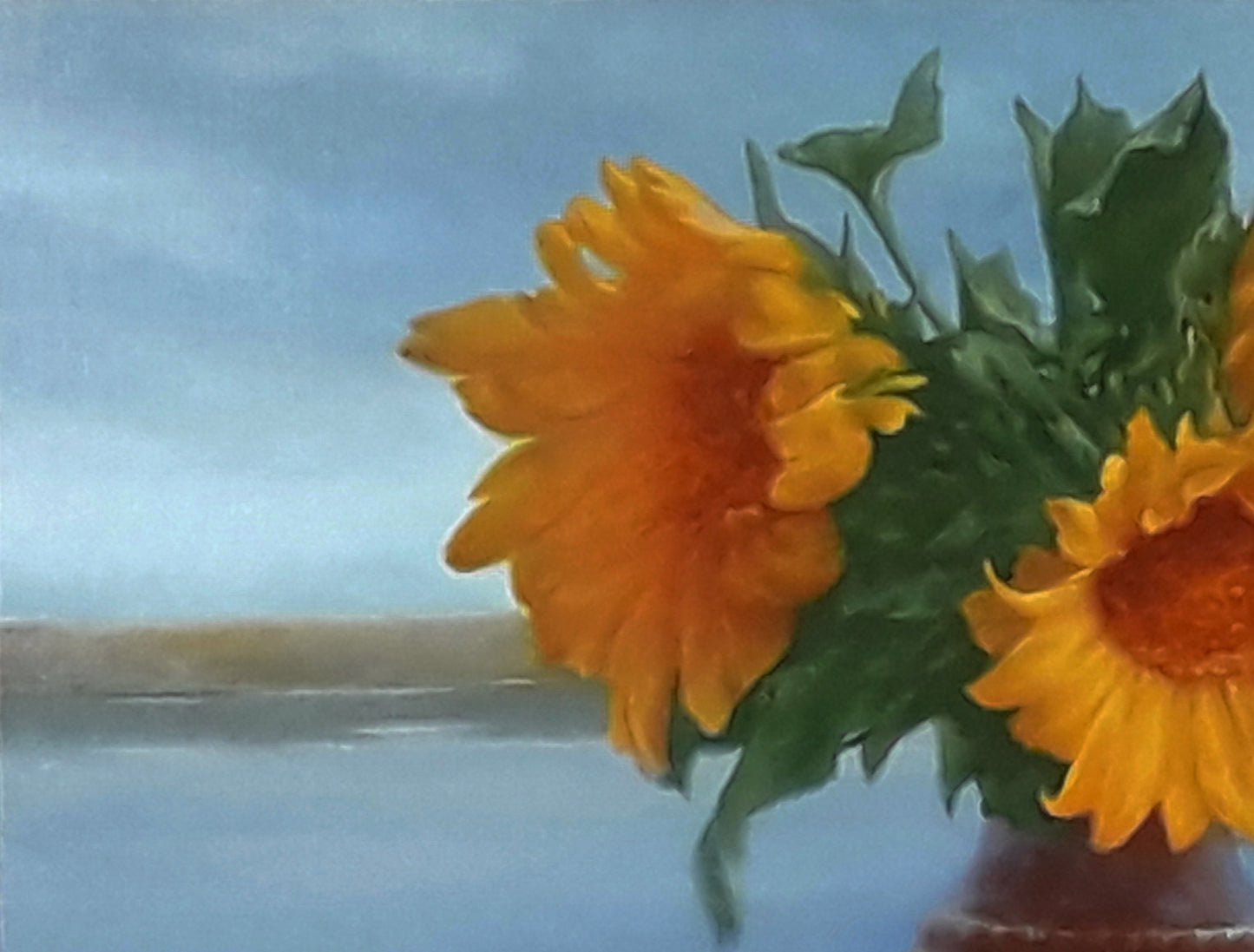Vibrant yellow sunflowers oil painting by Vasily Korkishko in terracotta vase