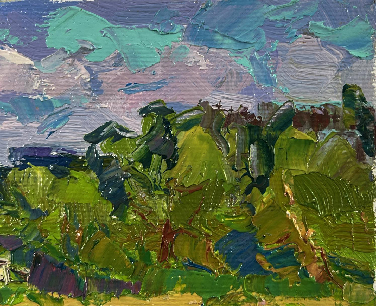 Oil painting By the Summer River by Oksana Ivanyuk with lush green foliage