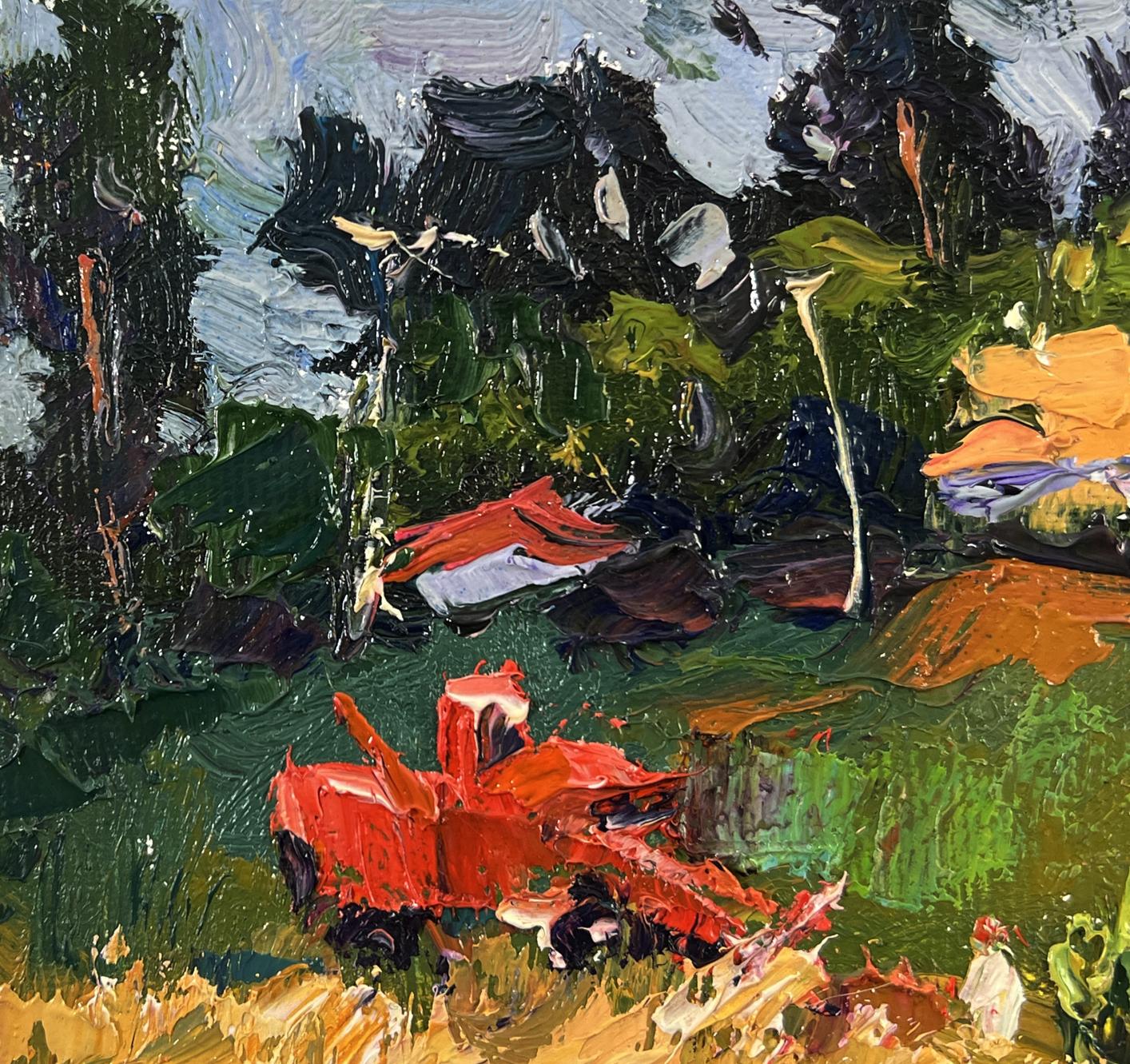 Oil painting of vibrant red tractor in village wheat fields by Oksana Ivanyuk