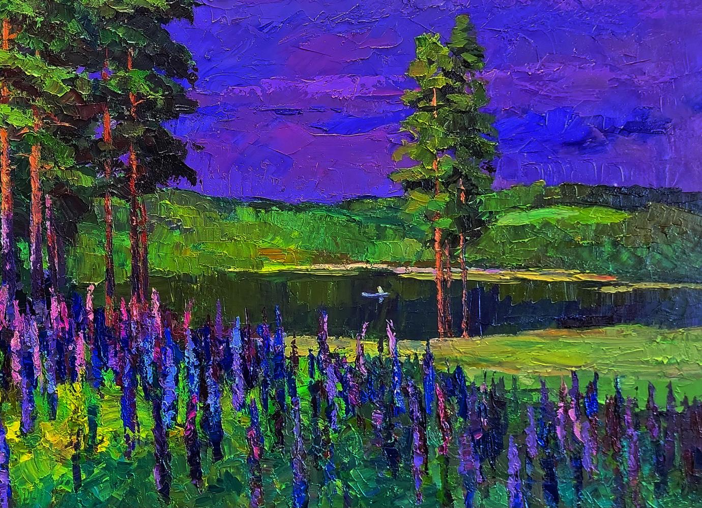 Vibrant impressionist oil painting by Boris Serdyuk of flowers near forested lake in purple and green hues