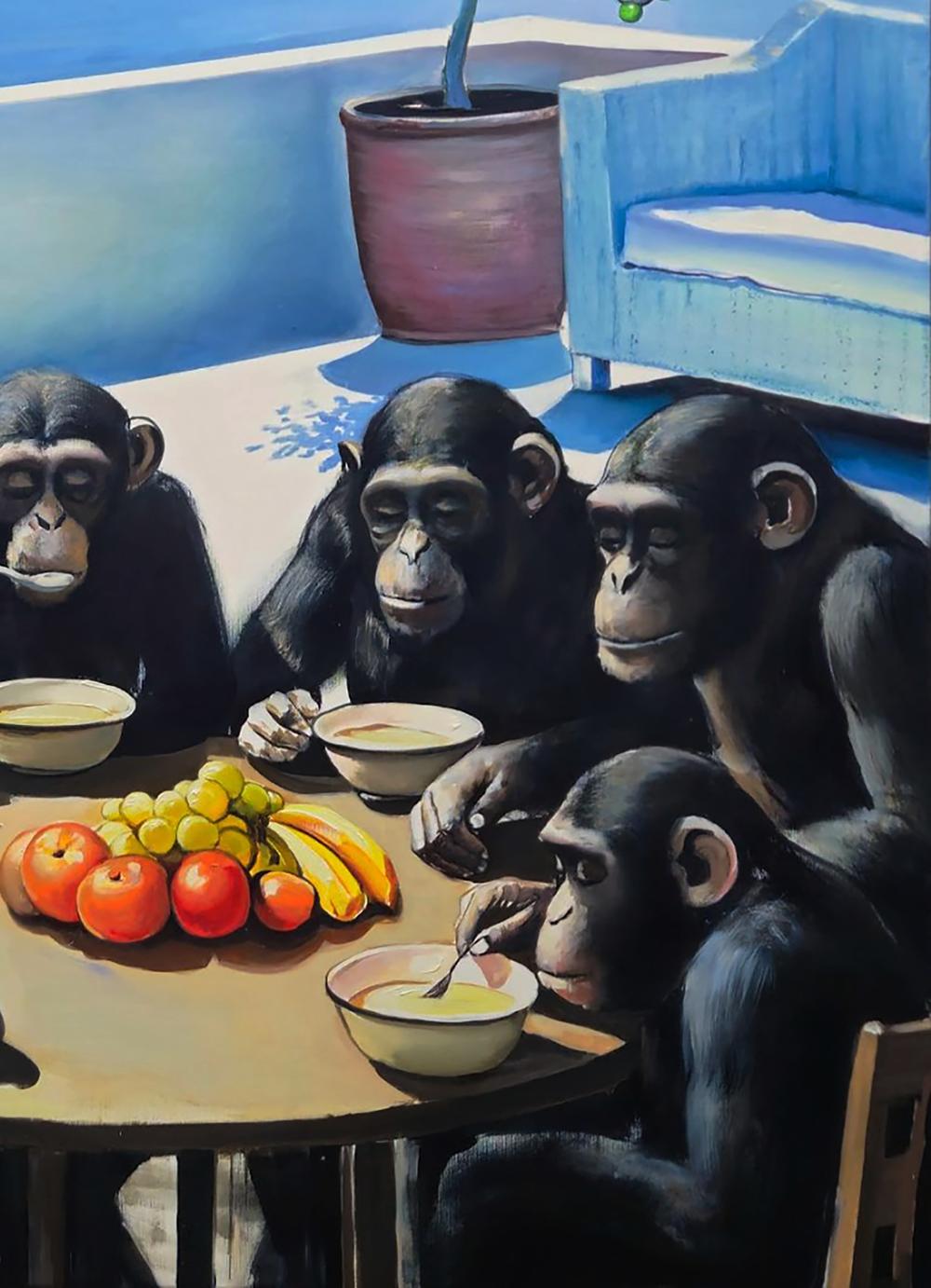 Oil painting of four monkeys on vacation by Igor Konovalov