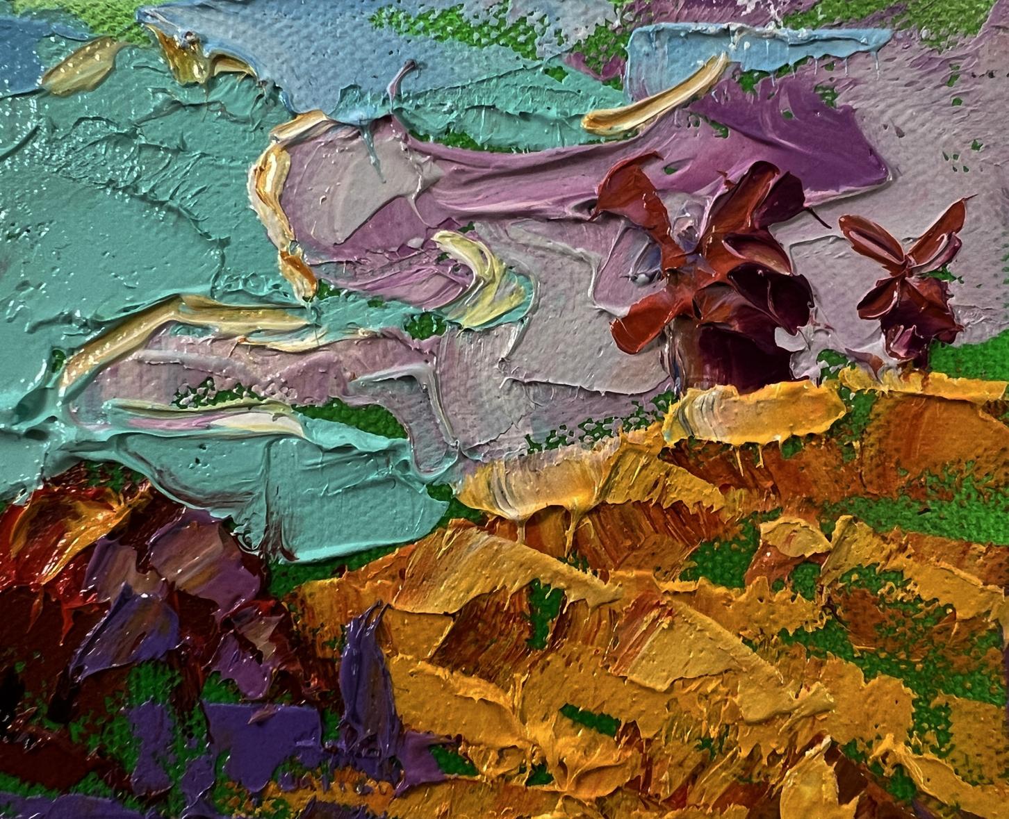 Vibrant autumn nature oil painting by Oleksiy Ivanyuk in teal, purple, gold, green