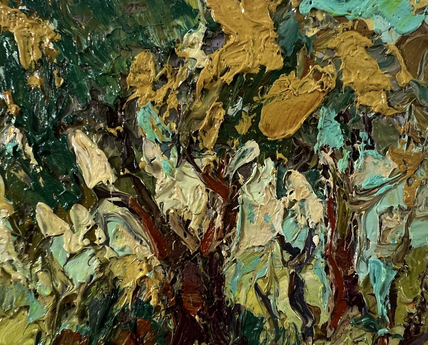 Oil painting In the shade of the trees by Oleksiy Ivanyuk, textured greens and golds