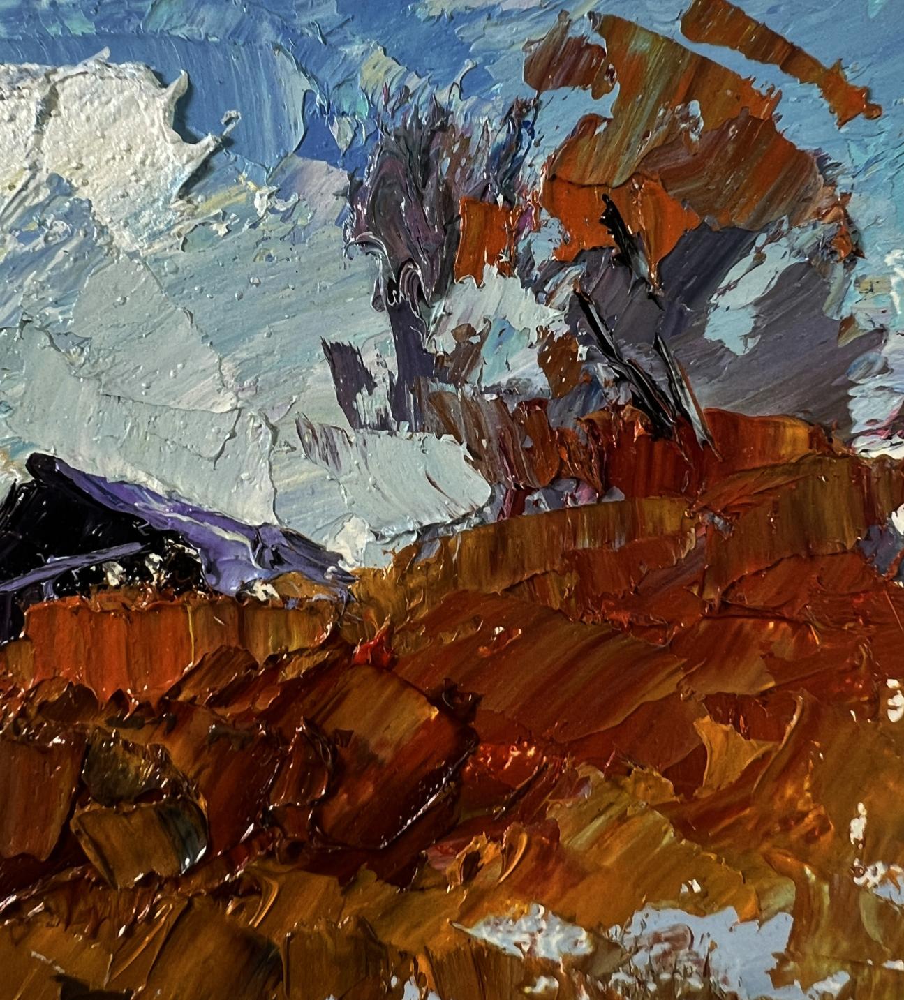 Impasto oil painting of Boris Serdyuk house on the hill with orange, brown strokes on blue sky