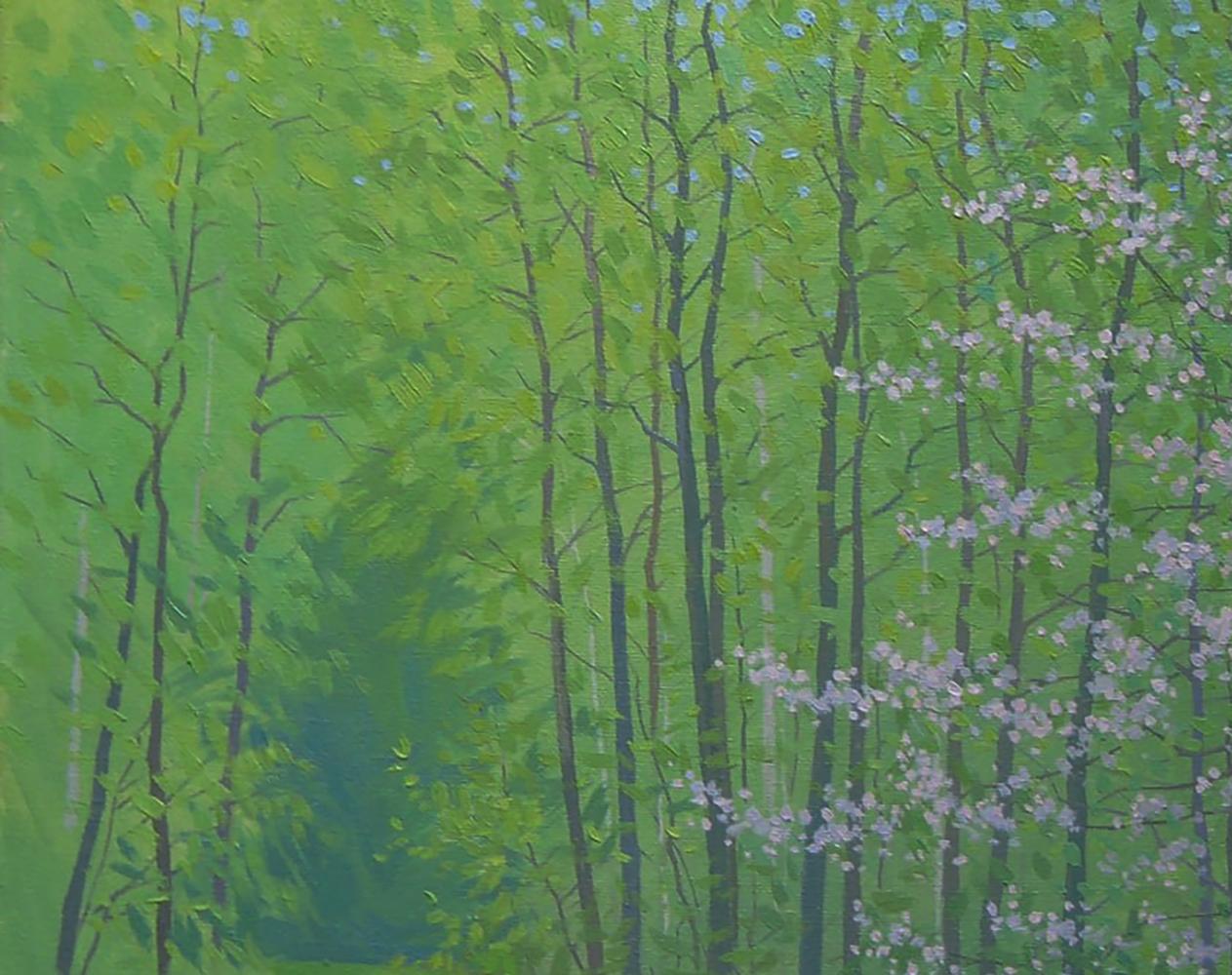 Oil painting April nature by Valery Savenets: vibrant green forest with pink blossoms