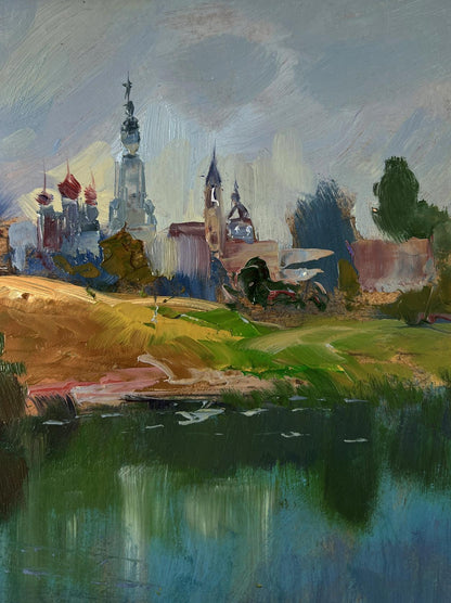 Oil painting by Yuriy Suprunchuk: children walking by riverside town with onion domes