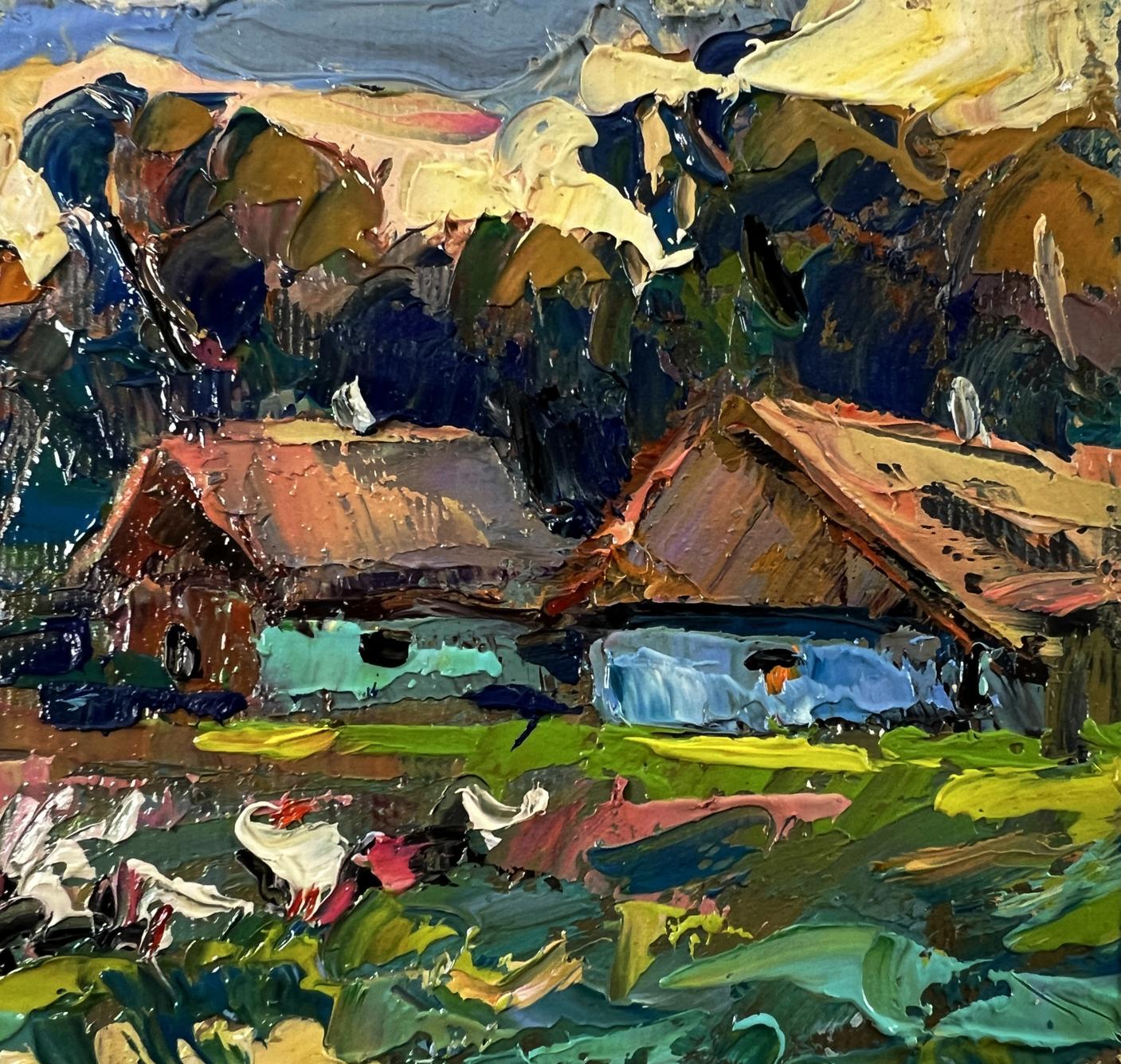 Impasto oil painting by Oleksiy Ivanyuk of geese in rustic village evening