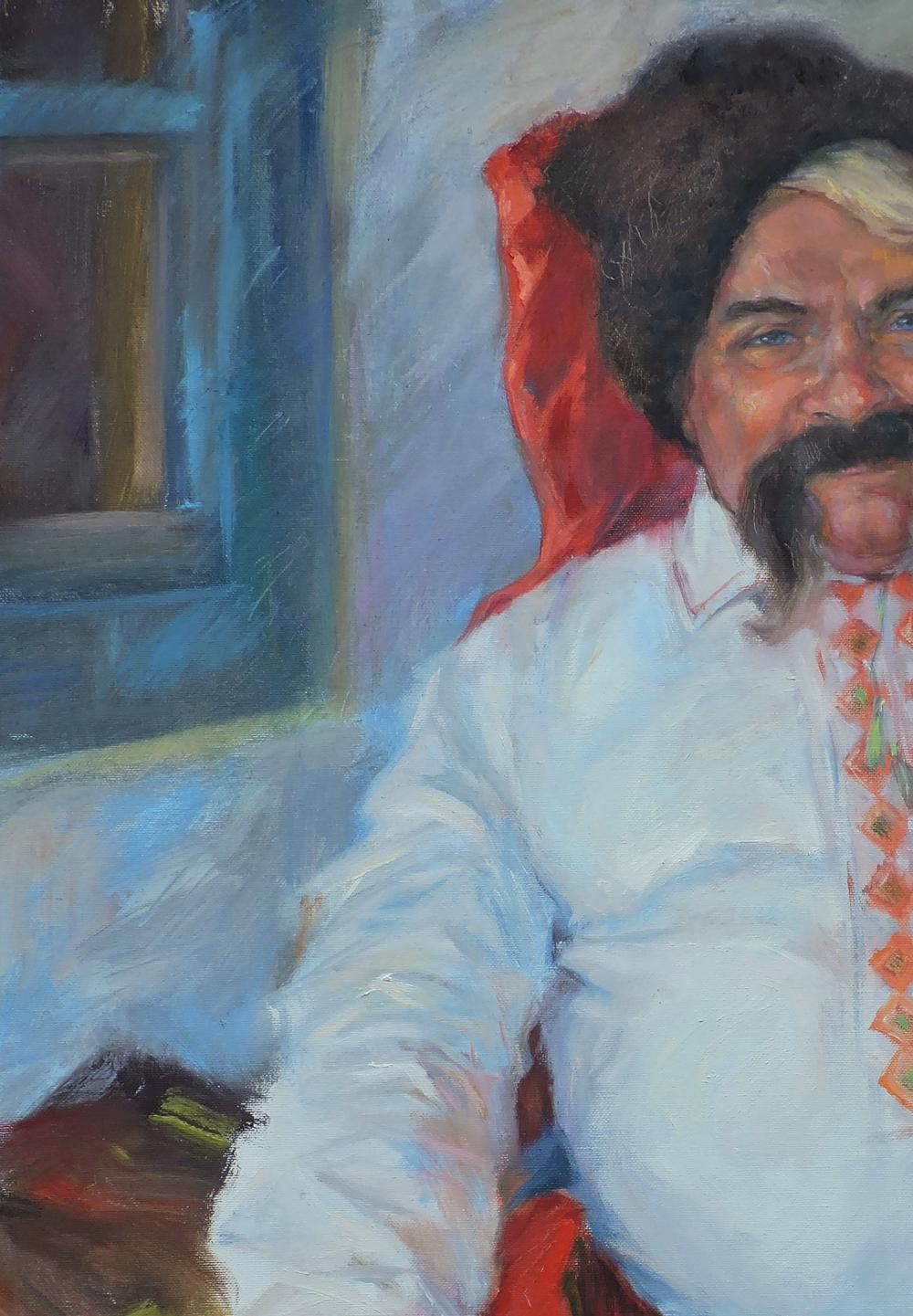 Oil painting portrait of Cossack man with dark mustache in embroidered shirt