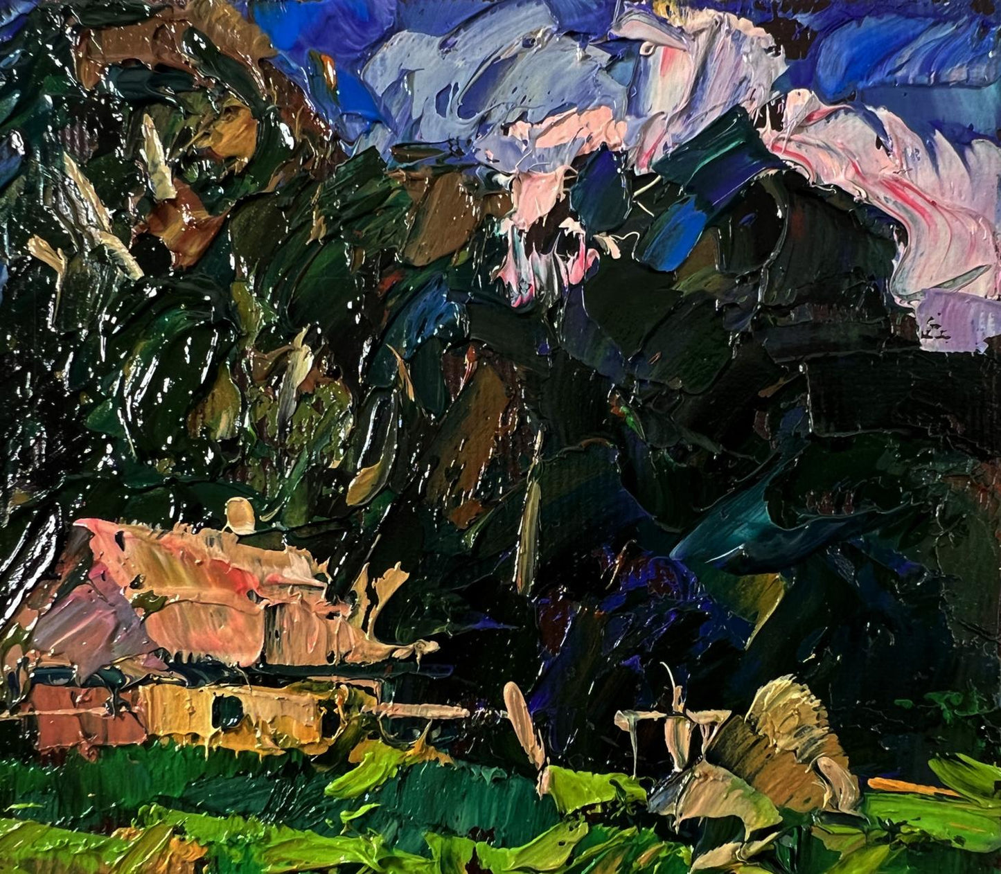 Vibrant impressionist oil painting of Oleksiy Ivanyuks lonely house in lush field