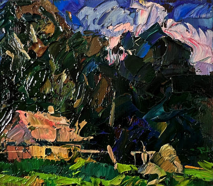 Vibrant impressionist oil painting of Oleksiy Ivanyuks lonely house in lush field