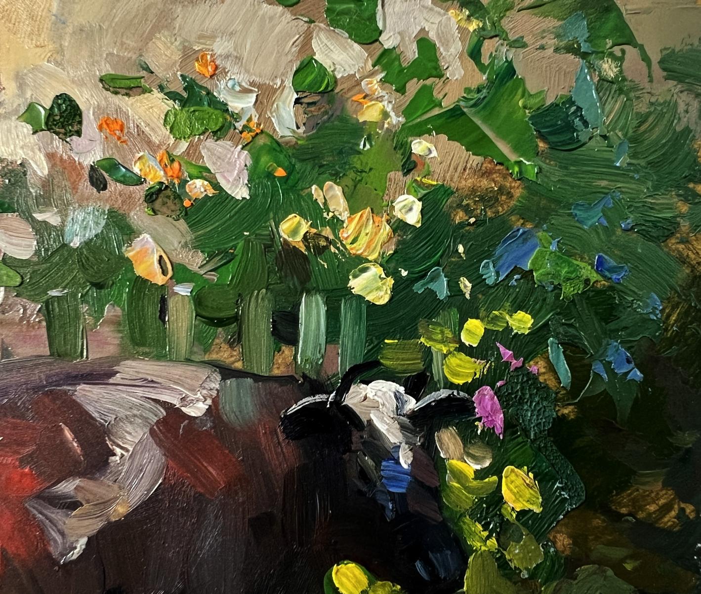 Oil painting of cow near house by Yuriy Suprunchuk with lush florals
