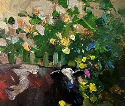 Oil painting of cow near house by Yuriy Suprunchuk with lush florals