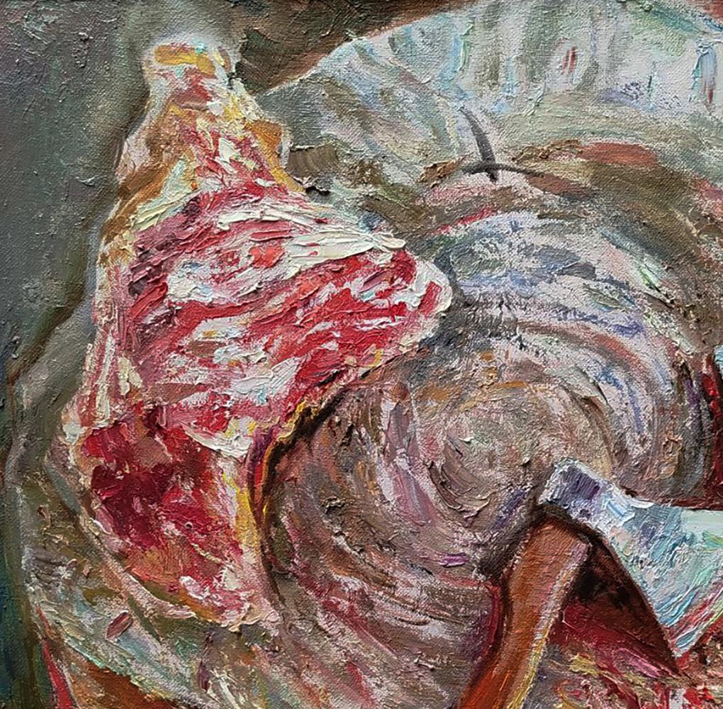 Oil painting Lunch break with meat by Leonid Pavlenko, textured red white abstract impasto