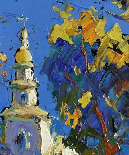 Oil painting of golden-domed church in natures embrace by Oksana Ivanyuk