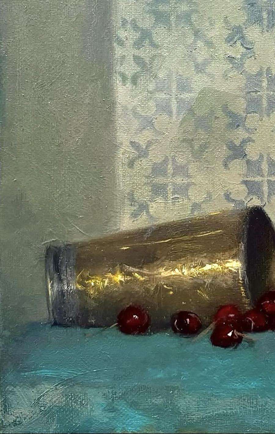 Oil painting of golden copper cup spilling red cherries by Annam Butt