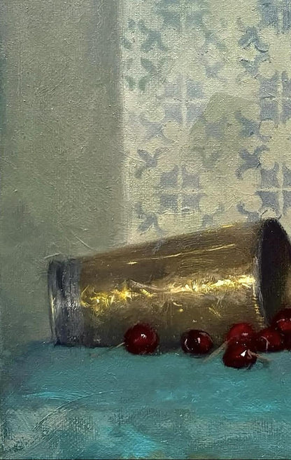 Oil painting of golden copper cup spilling red cherries by Annam Butt