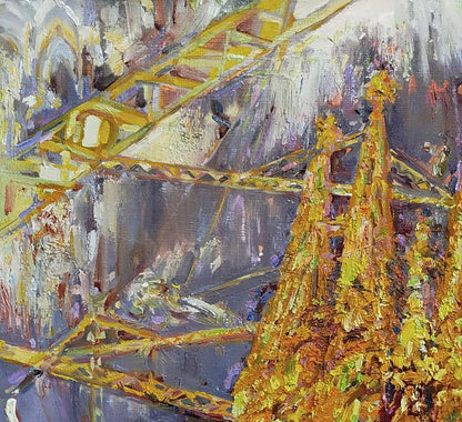 Oil painting Temple of the Holy Family by Leonid Pavlenko, abstract gold strokes