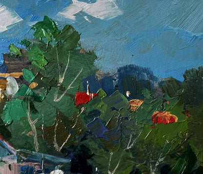 Vibrant impressionist oil painting of village boats on ferry by Yuriy Suprunchuk