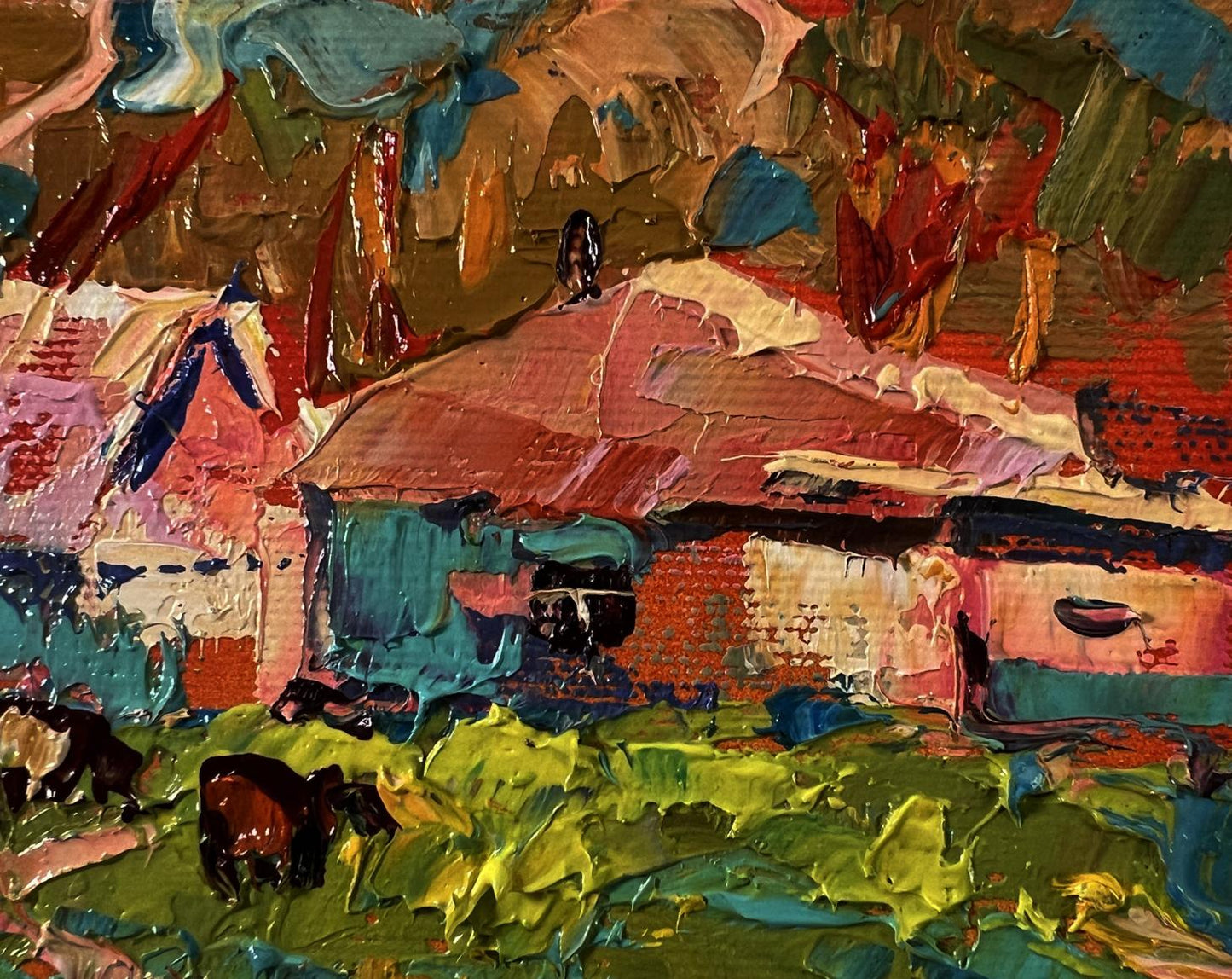 Vibrant impressionist oil painting by Oleksiy Ivanyuk: cows on a walk at rustic farmhouse