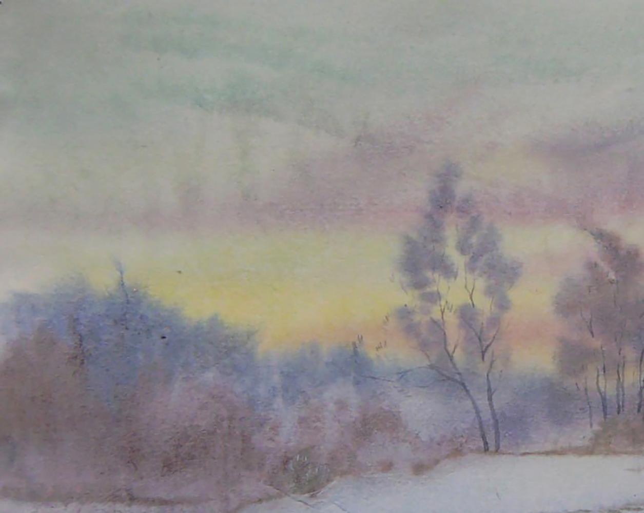 Watercolor painting Winter wind by Valery Savenets, bare trees in pastel sky