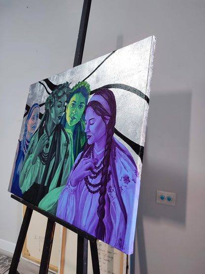 Oil painting portrait of different girls by Oksana Sklym, vibrant women in colorful attire