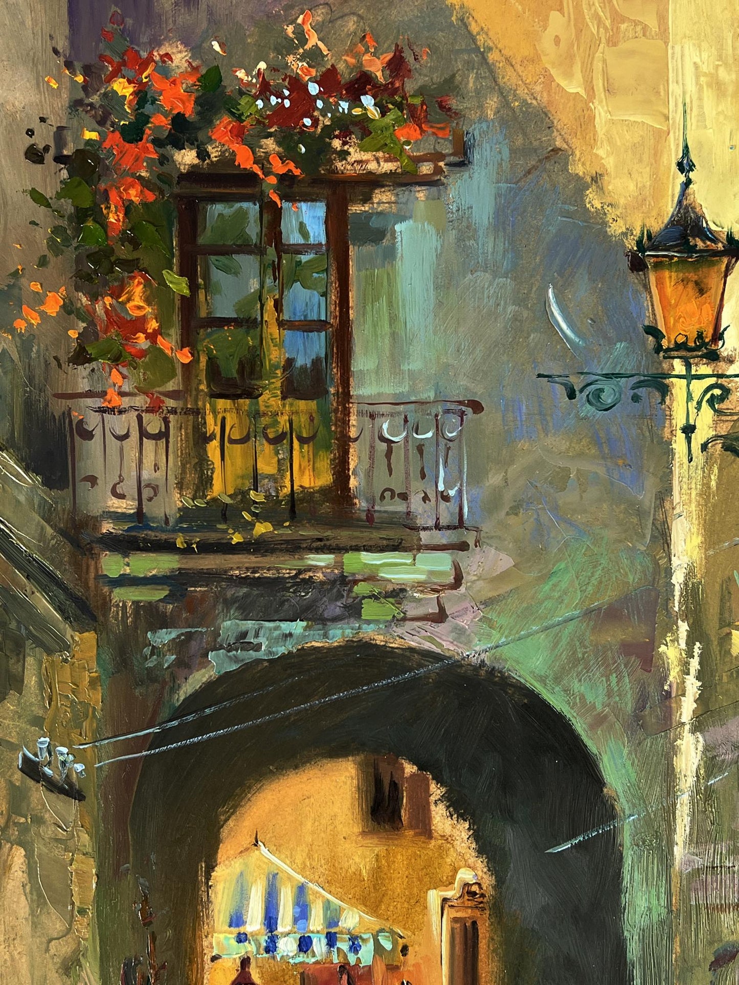 Oil painting of quiet Venice street by Yuriy Suprunchuk with flowers
