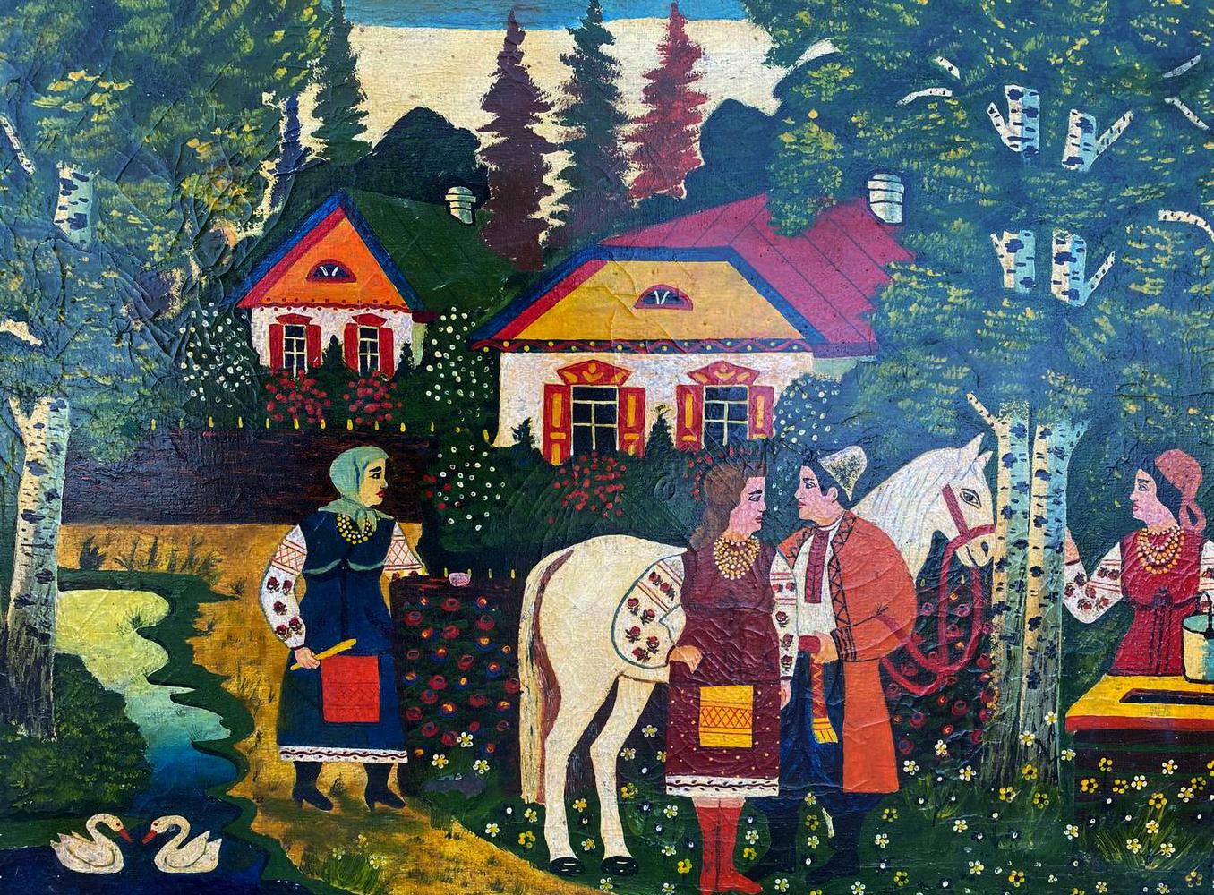 Vibrant folk-art oil painting At the village well with colorful houses and white horse