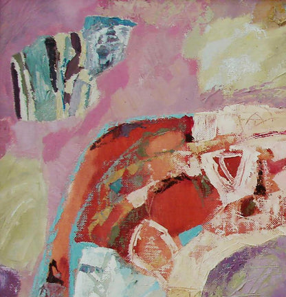 Oil painting Big and small by Tatyana Shulyak with pink, red, teal, cream strokes