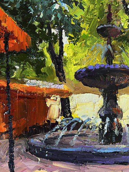 Vibrant oil painting of Fountain in the city park by Boris Serdyuk