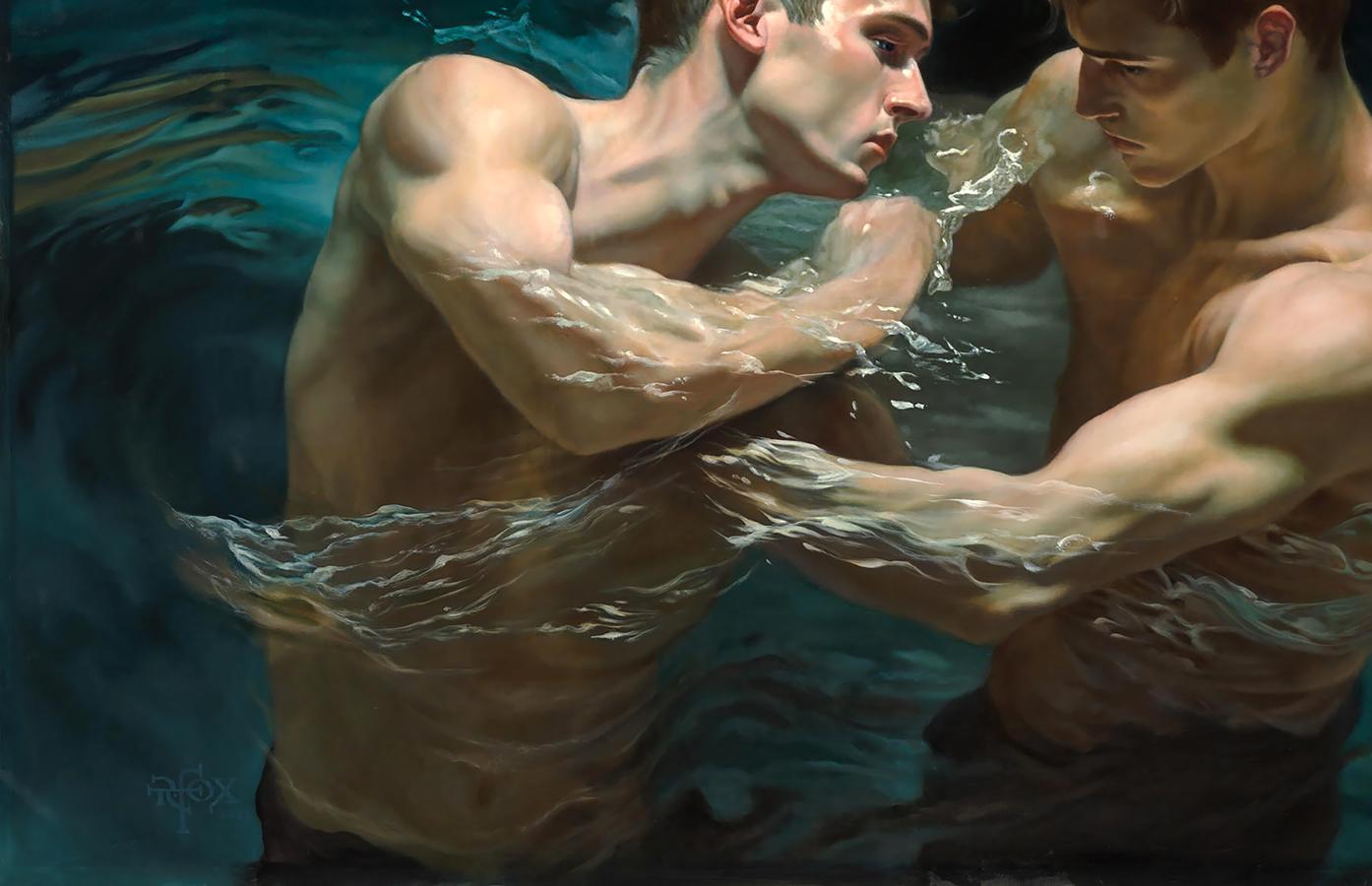 Oil painting Fighting Your Ego in the Water Richard Fox