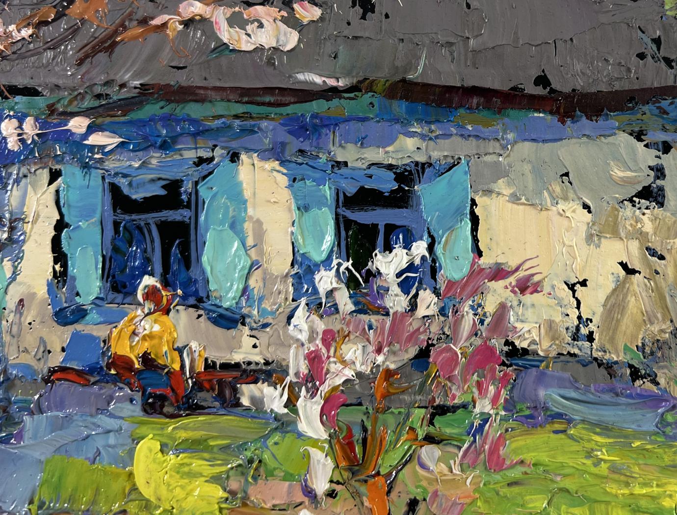 Oil painting Silence and sun in the yard by Oksana Ivanyuk with blue windows and flowers