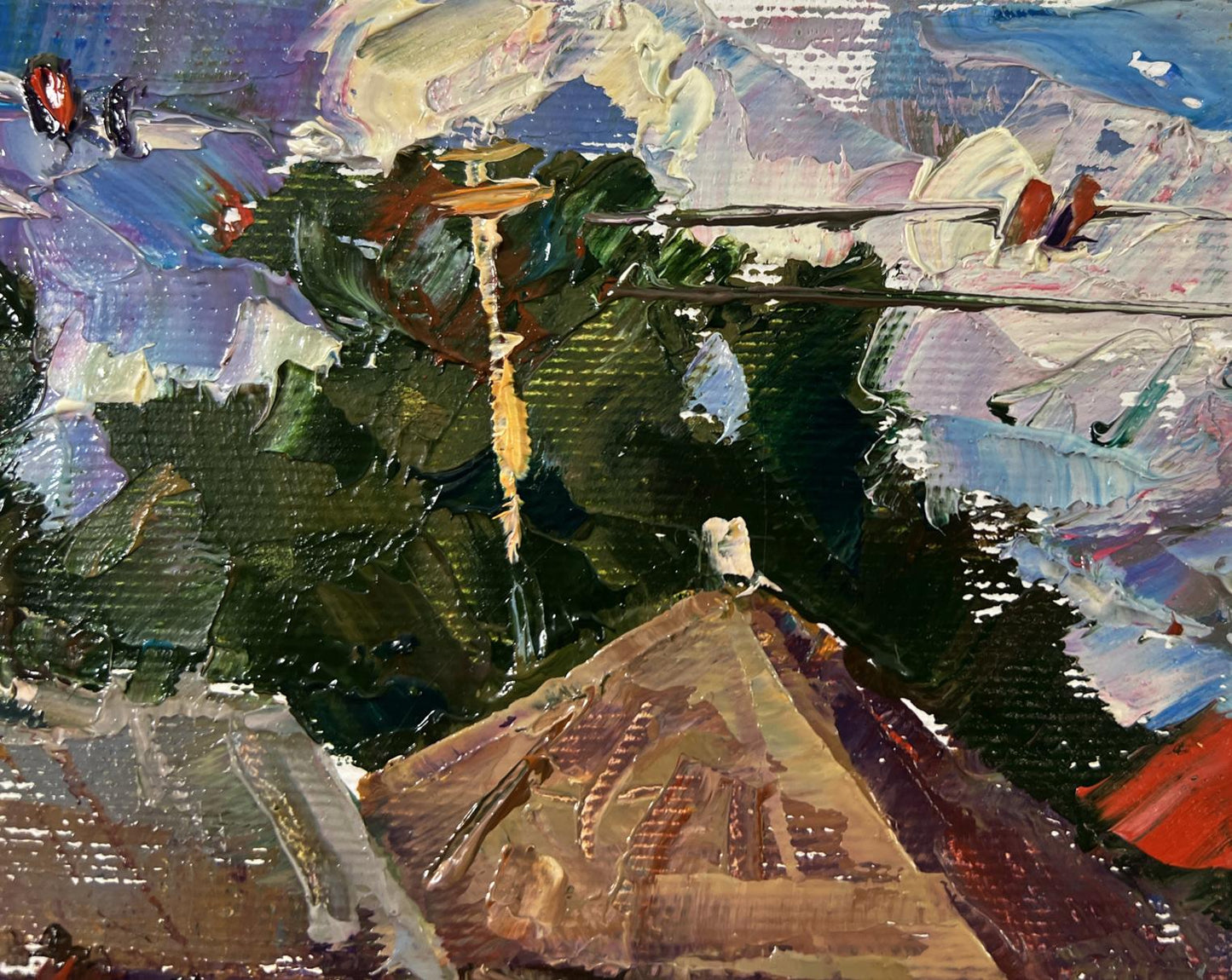 Oil painting Village street by Oleksiy Ivanyuk with green foliage and brown structure