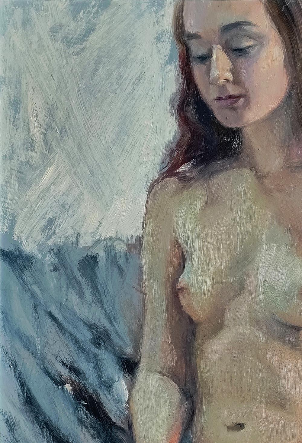 Impressionistic oil painting of female figure with long brown hair by Oksana Osnach