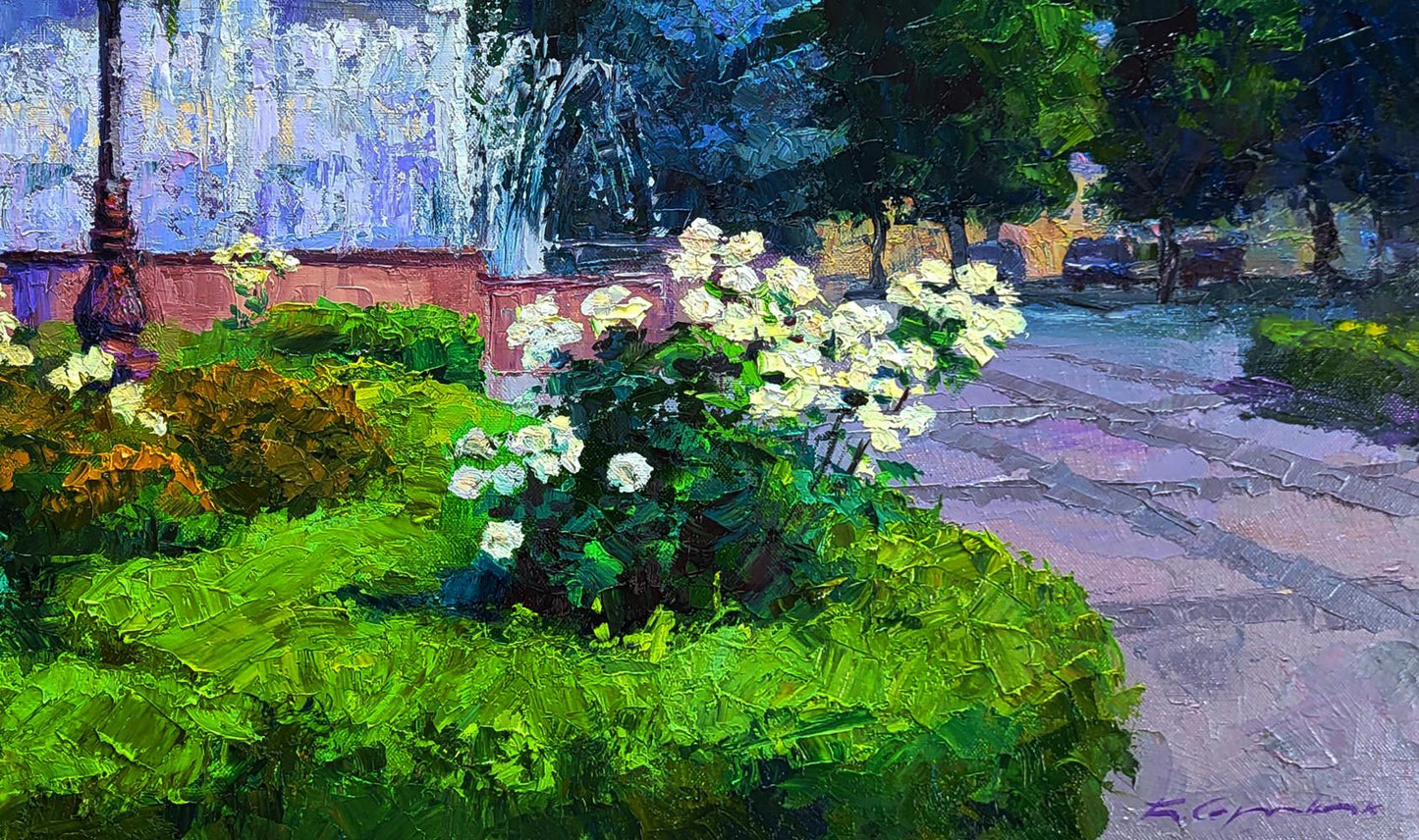 Vibrant impressionistic garden painting by Boris Serdyuk with lush bushes and white flowers