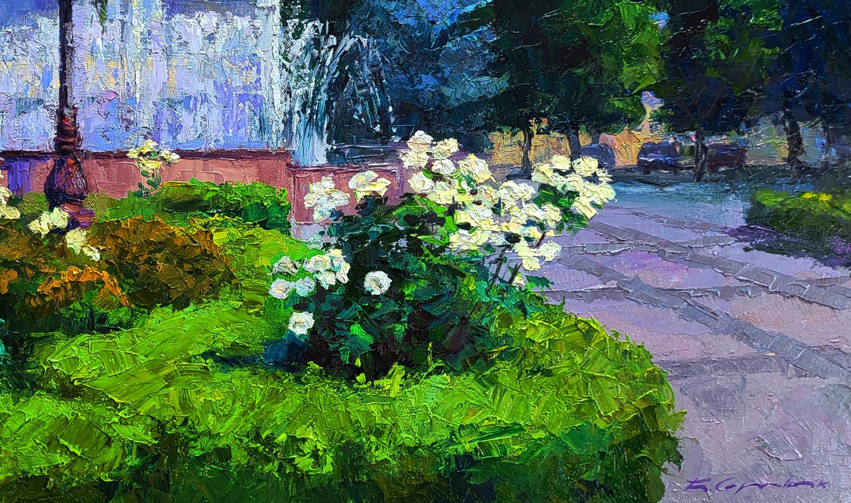 Vibrant impressionistic garden painting by Boris Serdyuk with lush bushes and white flowers