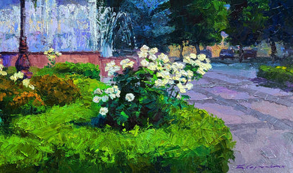 Vibrant impressionistic garden painting by Boris Serdyuk with lush bushes and white flowers